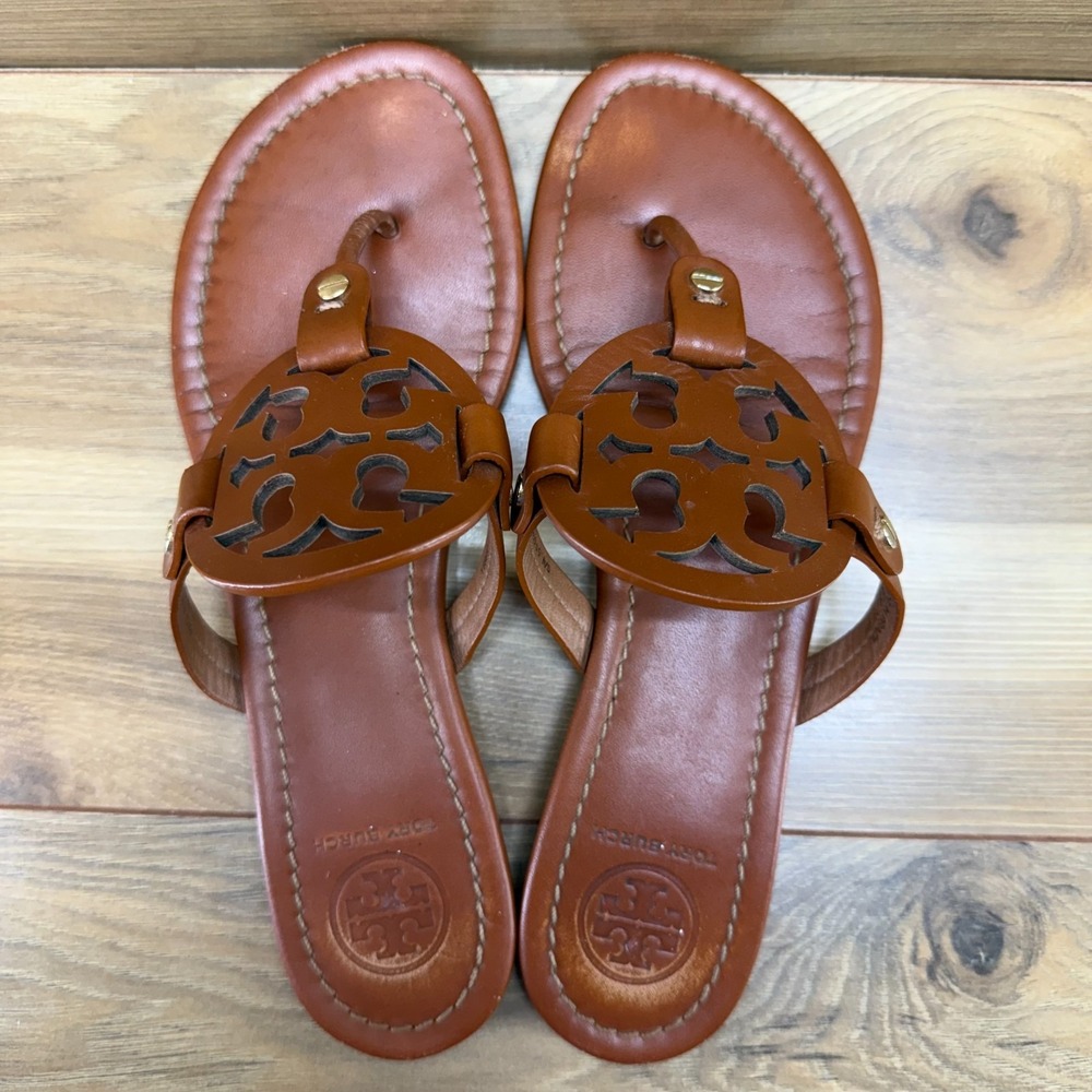 Tory Burch Miller Royal Tan Sandals 9 M Leather Flip Flops Vacation Resort - Picture 8 of 10